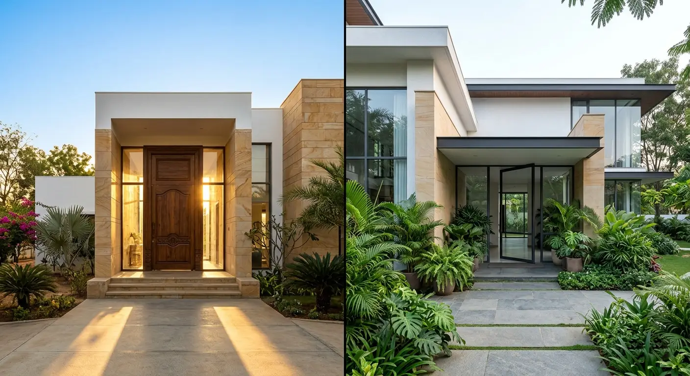 A split architectural render showing two modern luxury homes side by side. The left home faces east with bright morning sunlight streaming through a large wooden entrance door, warm golden light illuminating the front facade. The right home faces north with soft, cool, diffused daylight, lush plants flanking the entrance. Both homes are contemporary single-storey villas in Coimbatore with clean white and warm stone exteriors.